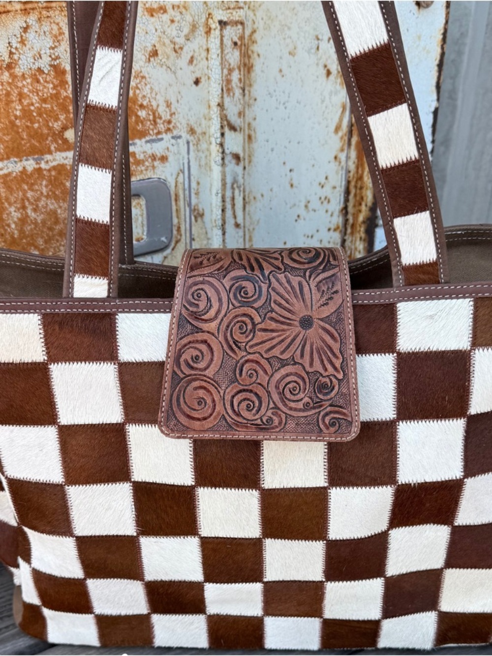 Brown & White Checkered Leather Tote with Floral Tooled Flap